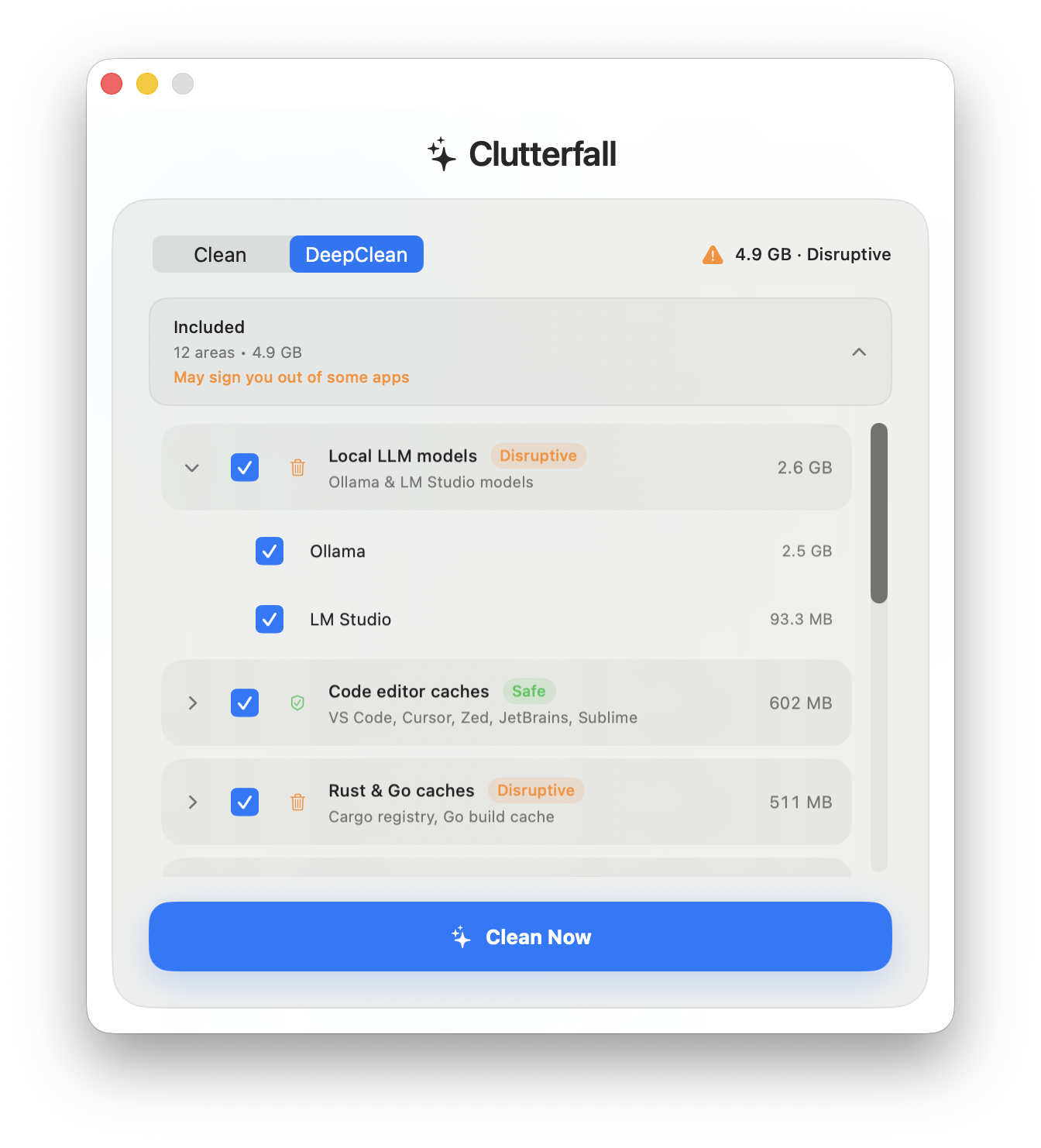 Clutterfall app showing DeepClean mode with file sizes